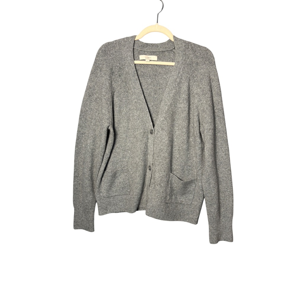 LOFT Cardigan Sweater L Gray Wool Blend Pocket Minimalist Cozy Quiet Luxury